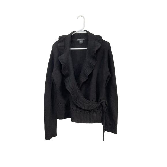 SARAH SPENCER Black Wool Blend Ruffle Front Cardigan Wrap Sweater Women's Large - Picture 1 of 6